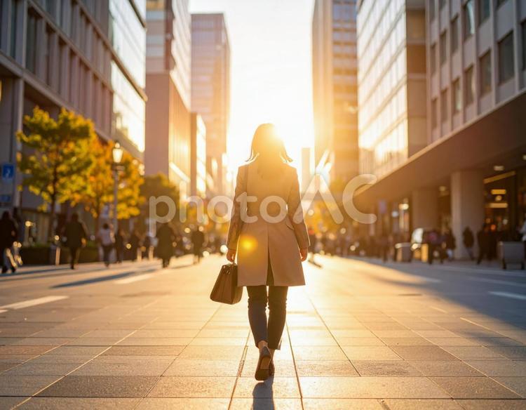 夕日に向かって歩く日本人女性　都会の街4 夕日,都会,街の写真素材