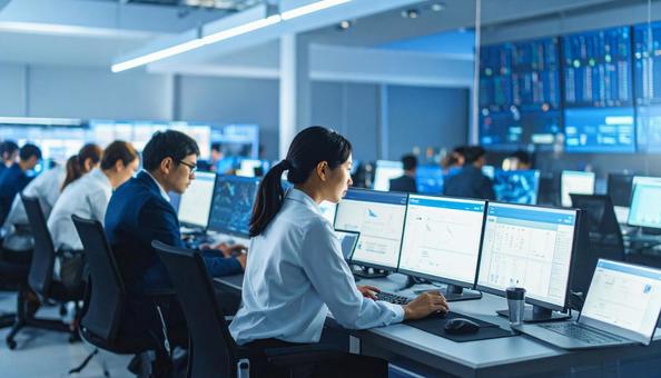 トレーディングルームで働く会社員 トレーディングルームで働く会社員の写真