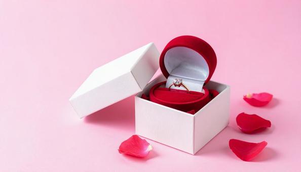 赤いバラのフラワーボックスと婚約指輪 赤いバラのフラワーボックスと婚約指輪の写真