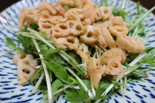 レンコン揚げの中華風サラダ(どアップ) レンコン揚げの中華風サラダ(どアップ) レンコン,秋,水菜の写真素材