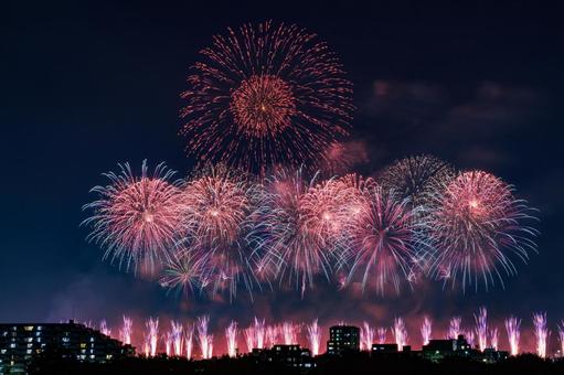 夜空に広がるスターマインと光の矢の花火 夜空に広がるスターマインと光の矢の花火 花火,打ち上げ花火,花火大会の写真素材