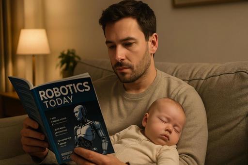 ROBOTICSを読む父親と赤ちゃん ROBOTICSを読む父親と赤ちゃんの写真