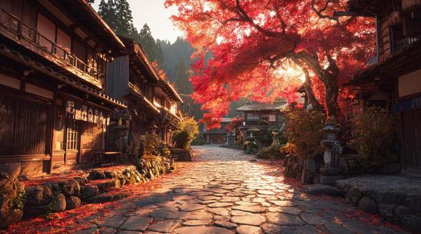朝日と赤い紅葉の日本伝統街並み 朝日と赤い紅葉の日本伝統街並みの写真