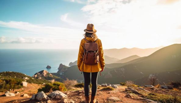 山頂の山道を歩く女性のシルエット 山頂の山道を歩く女性のシルエットの写真