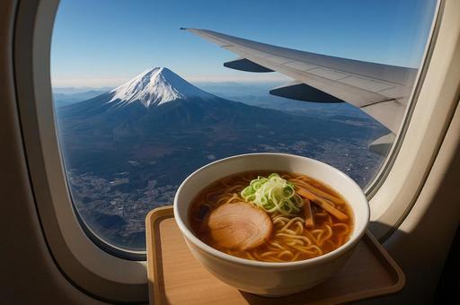 機内ラーメンと富士山の絶景 機内ラーメンと富士山の絶景の写真