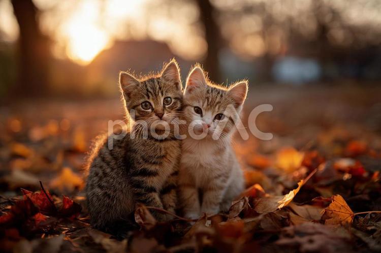 秋の夕暮れの仲良しねこ 猫,動物,自然の写真素材