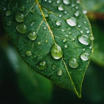 雨上がりの静寂：葉に残る水滴の輝きの写真