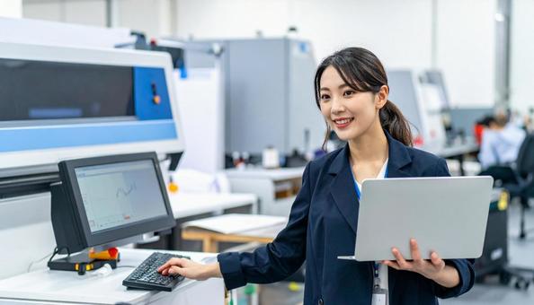 工場の三次元測定機を使う作業服の女性 工場の三次元測定機を使う作業服の女性の写真