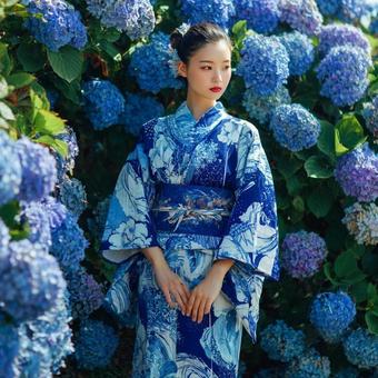青い紫陽花と浴衣美女 青い紫陽花と浴衣美女の写真