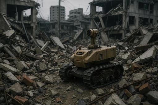 瓦礫の中を捜索する救助ロボット 瓦礫の中を捜索する救助ロボットの写真