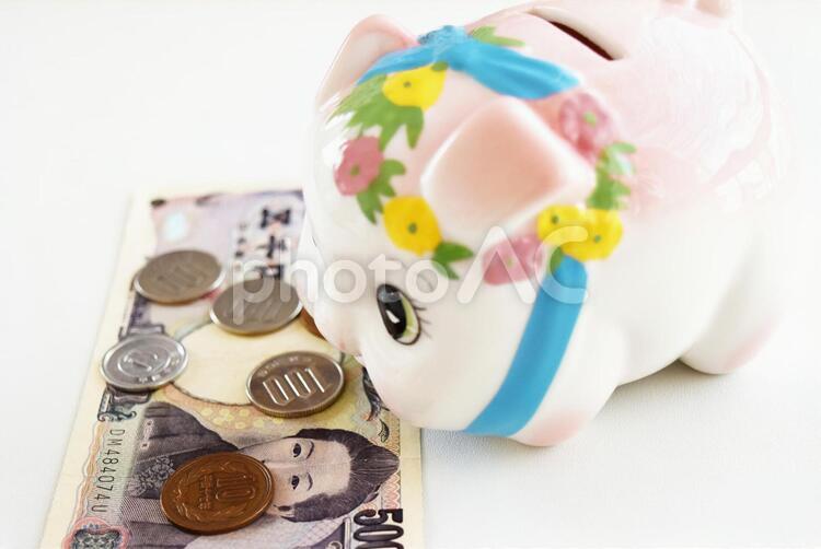 豚の貯金箱と現金7 豚の貯金箱,貯金箱,ちょきんばこの写真素材