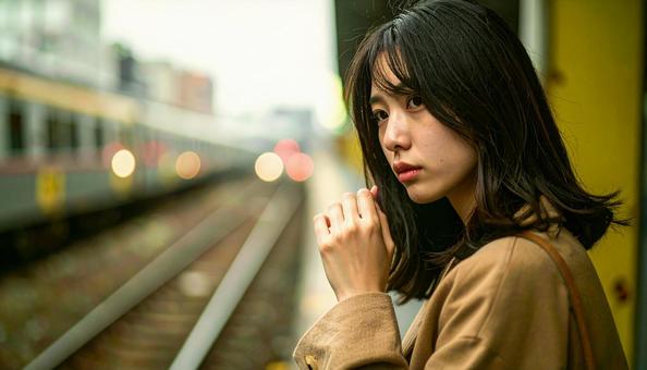 困った顔で手を顎に当てる若い女性 困った顔で手を顎に当てる若い女性の写真