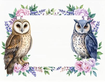 フクロウと紫の花のテキスト枠 フクロウと紫の花のテキスト枠の写真