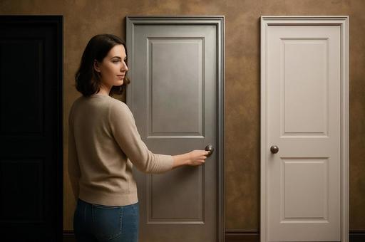 灰色の扉を選ぶ女性の写真