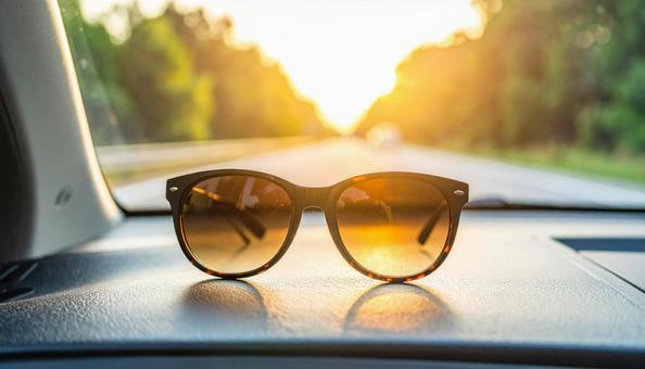 車のダッシュボードに置かれたサングラス 車のダッシュボードに置かれたサングラスの写真
