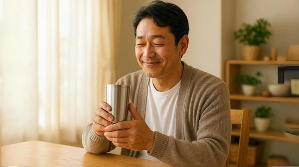 父の日の贈り物を手にした笑顔の男性 父の日の贈り物を手にした笑顔の男性の写真