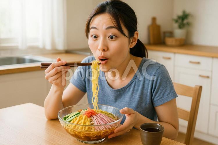 冷やし中華を食べる女性 女性,日本,夏の写真素材