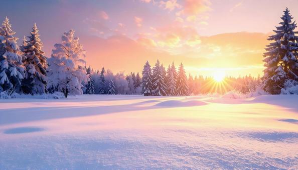 夕日に染まる雪原と冬の森 夕日に染まる雪原と冬の森の写真