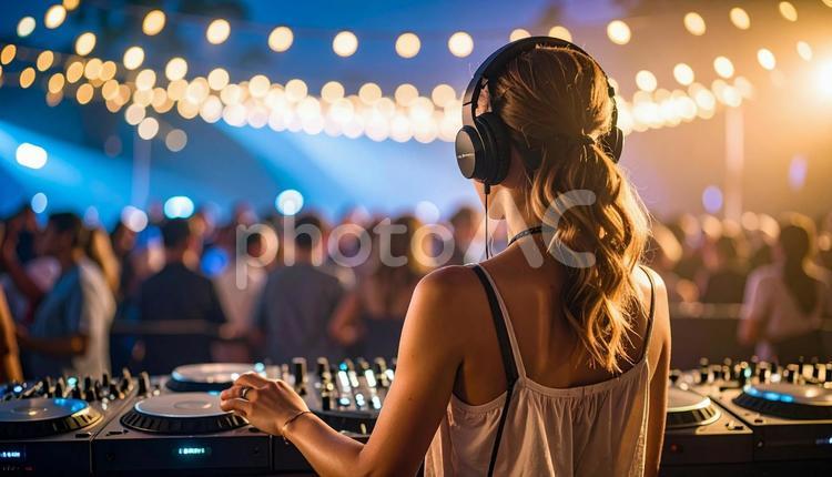 DJが操る音と熱気 女性,dj,ヘッドホンの写真素材