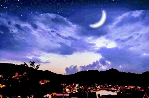 秋の夜空に昇る三日月 秋の夜空に昇る三日月 三日月,月,夜空の写真素材