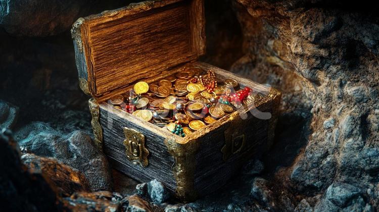 隠された宝箱 金貨,コイン,一攫千金の写真素材