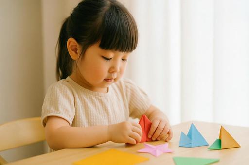 折り紙で遊ぶ女の子 折り紙で遊ぶ女の子の写真