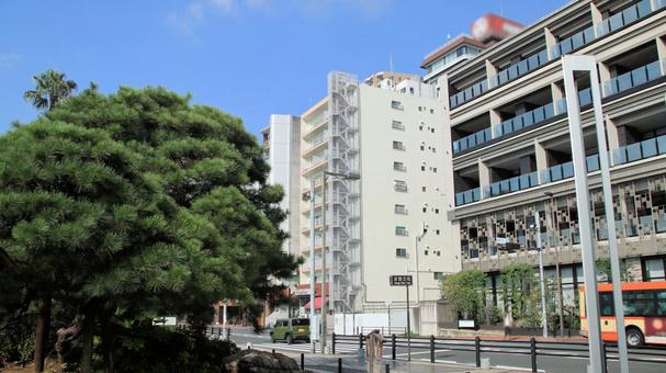 熱海市 晩夏朝のお宮の松と観光ホテル街 熱海市 晩夏朝のお宮の松と観光ホテル街の写真