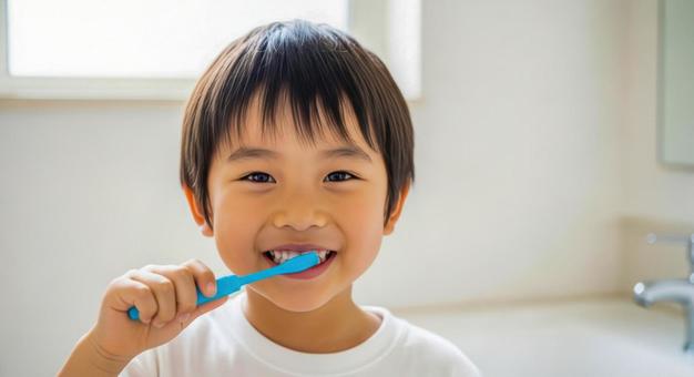 洗面所で歯磨き中の男の子 洗面所で歯磨き中の男の子の写真