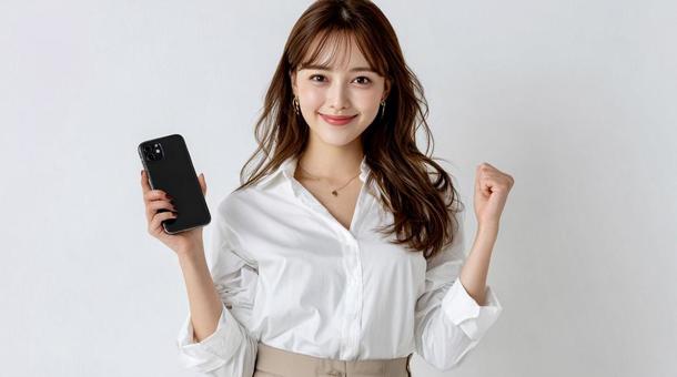 スマホを手に笑顔でガッツポーズする女性 スマホを手に笑顔でガッツポーズする女性の写真