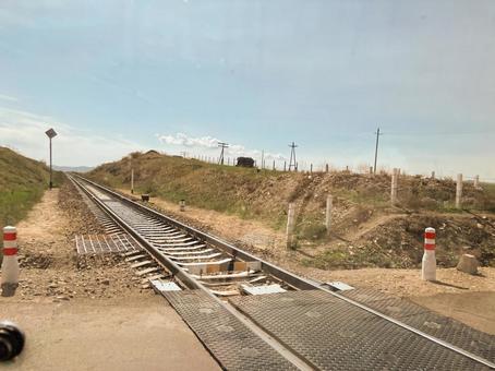 モンゴルの踏切 モンゴルの踏切 踏切,モンゴル,鉄道の写真素材