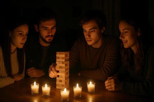 キャンドルに囲むジェンガ遊びの写真