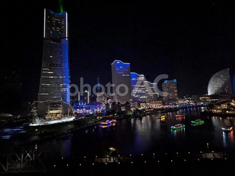 横浜の夜景（青） 夜景,横浜,観覧車の写真素材