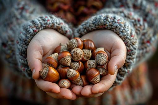 森の中で見つけたどんぐりを大切に持つ手の写真