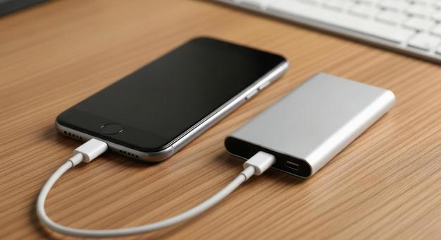 充電中のスマホとモバイルバッテリーの写真