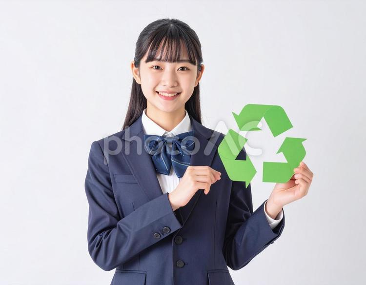 リサイクルマークを持つ女子高生のイメージ リサイクル,女子生徒,人物の写真素材