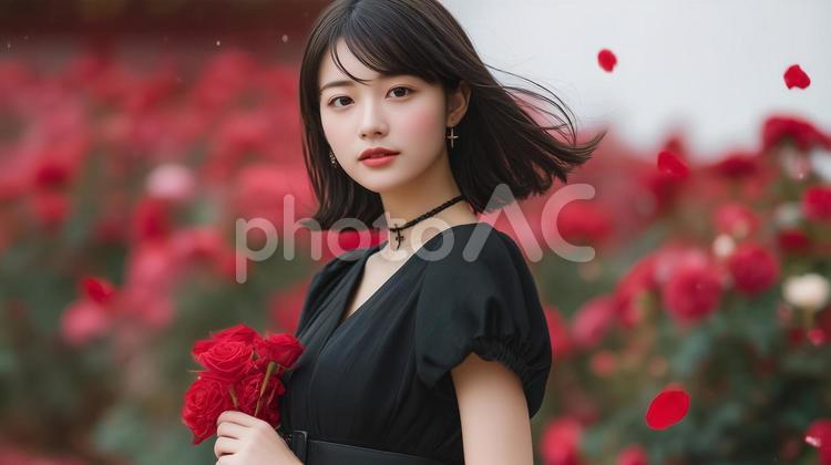 薔薇園と黒髪の女性 女性,バラ,薔薇の写真素材