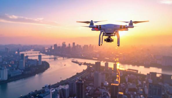 都市上空を飛行するドローン 都市上空を飛行するドローンの写真