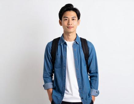 リュックを背負ったデニムシャツの大学生 リュックを背負ったデニムシャツの大学生の写真