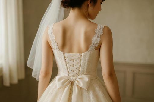 花嫁の背中と編み上げドレス 花嫁の背中と編み上げドレスの写真