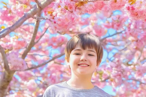 満開の桜と笑顔の少年 満開の桜と笑顔の少年の写真