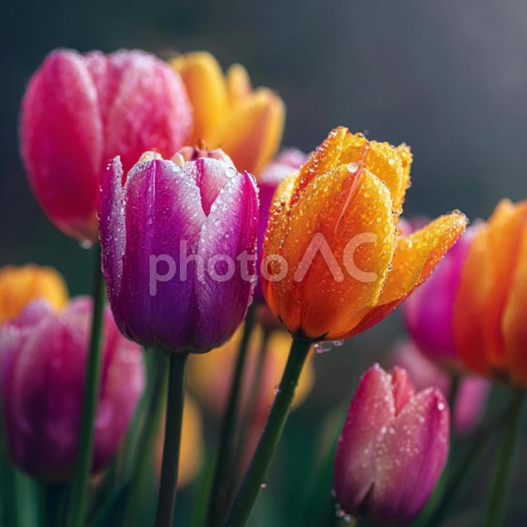 雨上がりのしっとりとしたチューリップ チューリップ,花,カラフルの写真素材