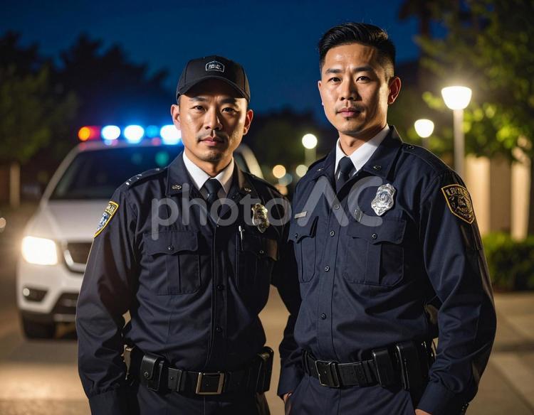 深夜に駆けつけてきた民間警備会社の警備員 緊急,警備員,ガードマンの写真素材