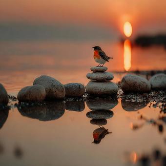 平和な瞬間：夕焼け空の下の鳥と石の写真