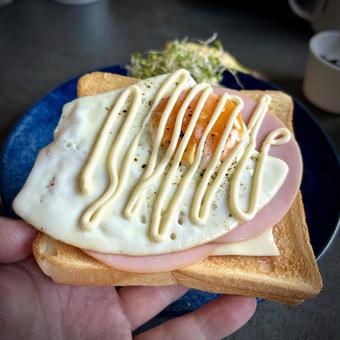ハムチーズ目玉焼きのオープンサンド ハムチーズ目玉焼きのオープンサンドの写真