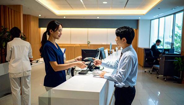 病院の会計窓口で会計をする男性患者 病院の会計窓口で会計をする男性患者の写真