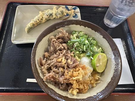 Photo, udon, meat noodles, tempura, 