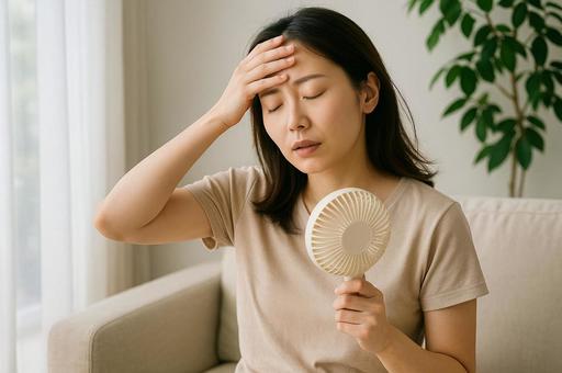 室内で暑がる女性 室内で暑がる女性の写真