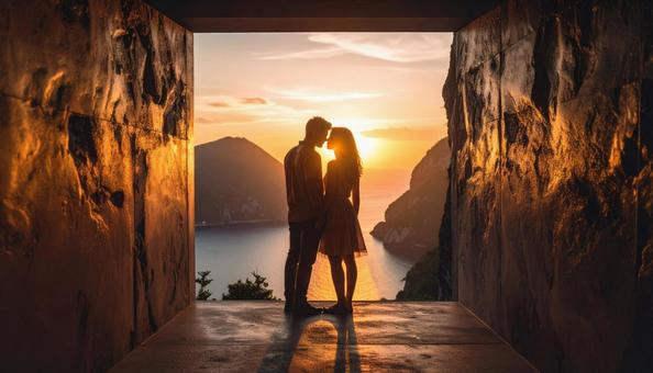 カップルのキス　シルエットの写真