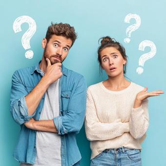 Close-up of man and woman expressing questions and doubts, men and women, a couple, couple, JPG