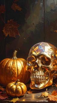 クリスタルスカルヘッドとゴールドカボチャの写真